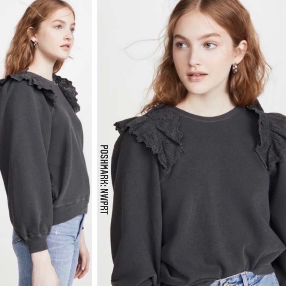 SOLD | THE GREAT Eyelet Lace Shoulder Sweatshirt Grey 1 S